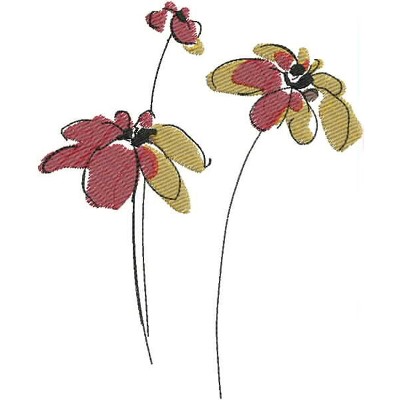 An embroidery design of two stylized flowers with vibrant red and yellow petals on slender black stems.
