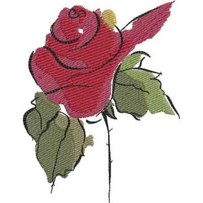 An embroidery design of a vibrant red rose with green leaves and detailed petal shading.
