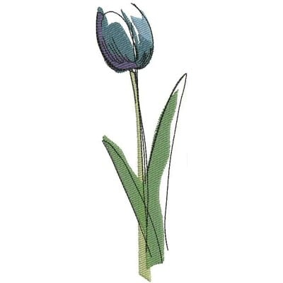 An embroidery design of a single purple tulip with green leaves.