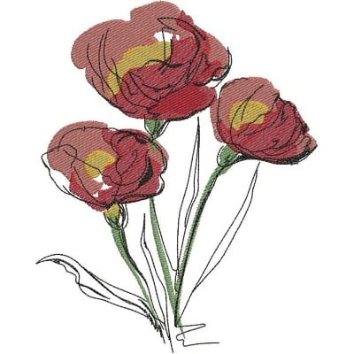 An embroidery design of three vibrant red flowers with delicate yellow highlights and slender green stems.