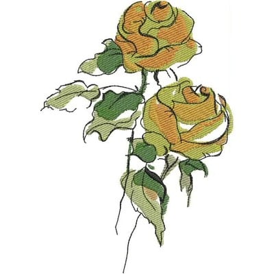 An embroidery design of two vibrant yellow roses with green leaves and stems.