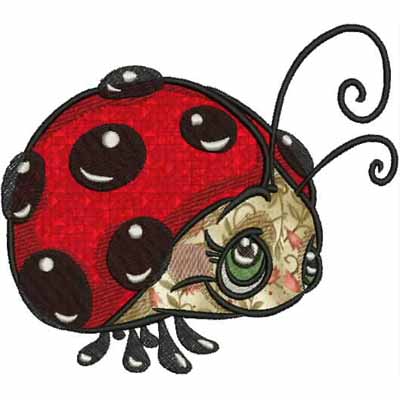 An embroidery design of a charming ladybug with a red spotted shell and expressive eyes.