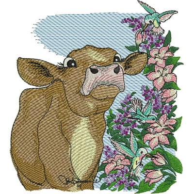 An embroidery design of a brown cow surrounded by colorful flowers and hummingbirds.