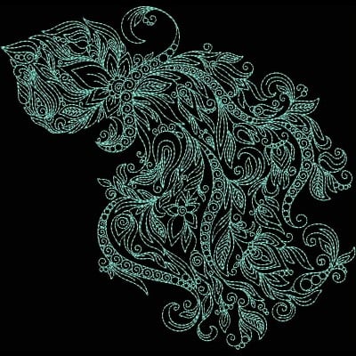 An embroidery design of intricate swirling leaves and floral patterns, creating a flowing and elegant composition.