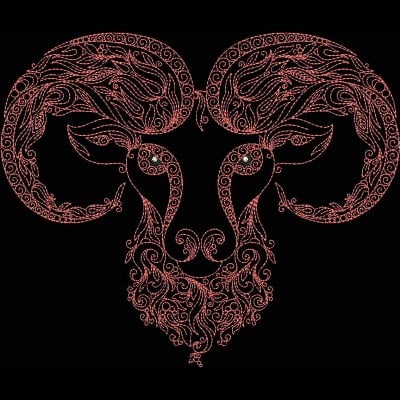 An embroidery design of a stylized ram's head featuring intricate floral patterns and decorative elements.