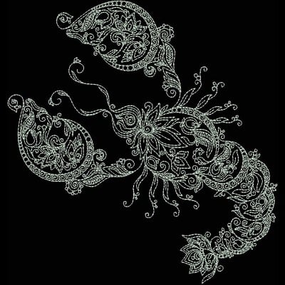 An embroidery design of intricate lobsters adorned with floral and paisley motifs, showcasing detailed linework and fluid shapes.