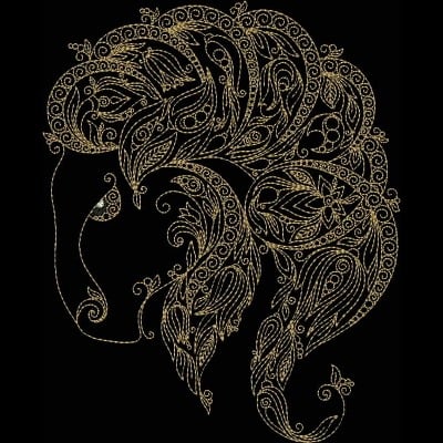 An embroidery design of a stylized profile featuring intricate, flowing patterns that resemble hair adorned with decorative elements.