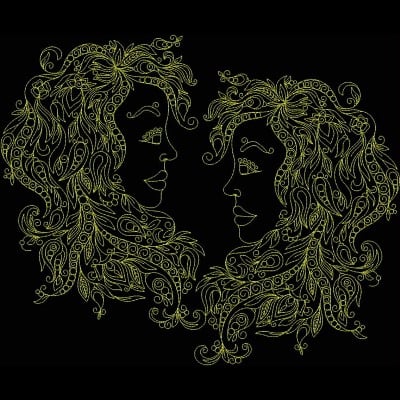 An embroidery design of two intertwined faces with flowing hair, surrounded by intricate floral patterns.