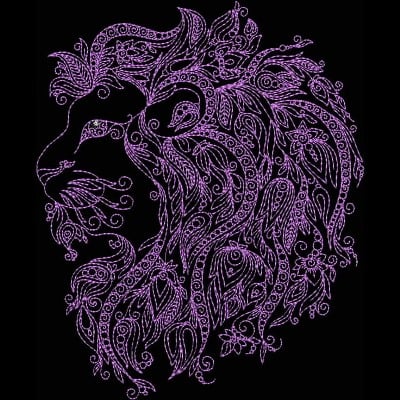 An embroidery design of a stylized lion's head featuring intricate swirls and floral elements in purple.