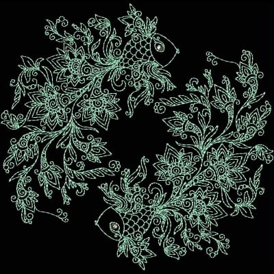 An embroidery design of intricate floral patterns featuring vines, blossoms, and delicate detailing in a symmetrical arrangement.