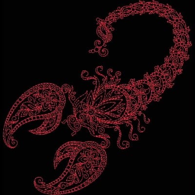 An embroidery design of a stylized scorpion adorned with intricate floral patterns in red.