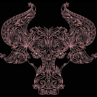 An embroidery design of an ornate bull's head featuring intricate swirls and floral elements.