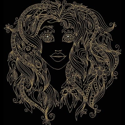 An embroidery design of a stylized woman's face surrounded by intricate, flowing hair and floral elements.