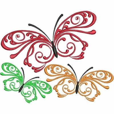 An embroidery design of three intricately detailed butterflies in red, green, and orange, featuring elegant swirls and patterns.