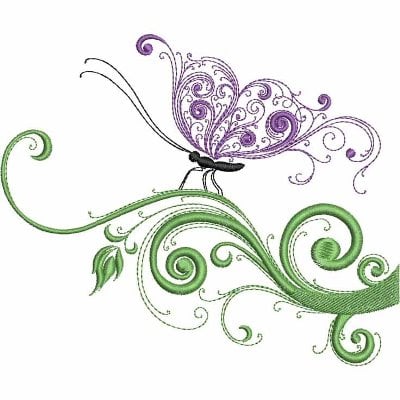 An embroidery design of a purple butterfly perched elegantly on flowing green vines adorned with intricate swirls.