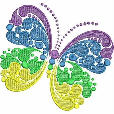 An embroidery design of a vibrant butterfly featuring swirling patterns in shades of blue, green, and purple.