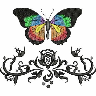 An embroidery design of a brightly colored butterfly accompanied by an ornate floral motif in black thread.