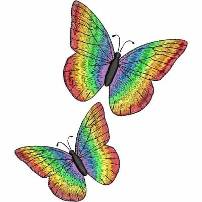 An embroidery design of two colorful butterflies showcasing vibrant rainbow patterns on their wings.