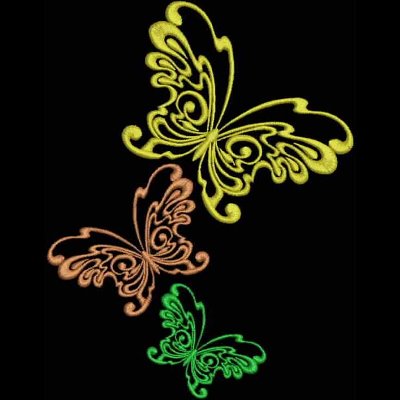 An embroidery design of three intricately patterned butterflies in varying shades of yellow, orange, and green.