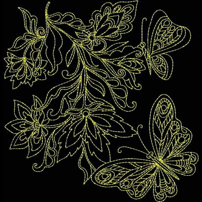 An embroidery design of intricate butterflies and stylized floral elements crafted with delicate lines and details.