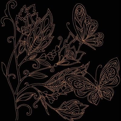 An embroidery design of intricate flowers and butterflies, elegantly intertwined with flowing lines and delicate details.