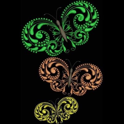 An embroidery design of three intricately patterned butterflies in green, orange, and yellow hues.