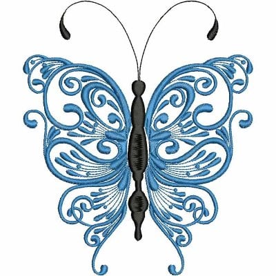 An embroidery design of a beautifully intricate butterfly with swirling blue patterns and a black body.