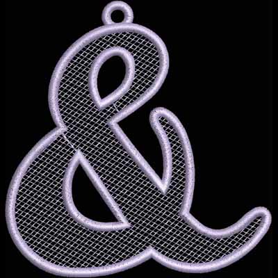 An embroidery design of a stylized ampersand symbol outlined in a delicate mesh pattern.