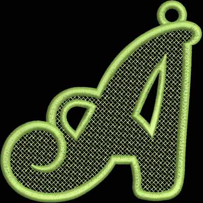 An embroidery design of a stylized letter "A" featuring a decorative swirl and a loop at the top, outlined in a light green color.
