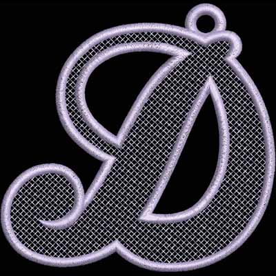 An embroidery design of a stylized letter "D" with a delicate mesh pattern and a loop at the top.
