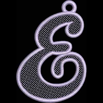 An embroidery design of a decorative, cursive letter "E" in a lilac hue with a net-like texture.