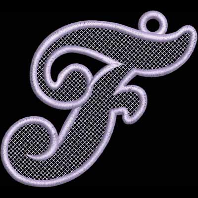 An embroidery design of a stylized letter "F" featuring intricate, flowing lines and a delicate mesh effect.
