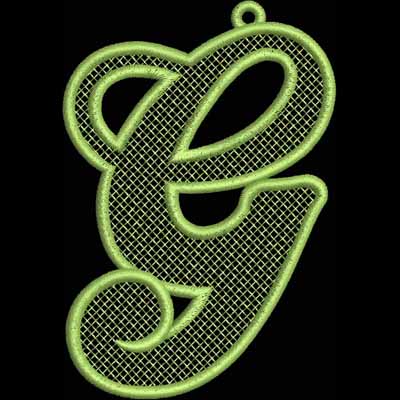 An embroidery design of a stylized letter "g" in a vibrant green color with a decorative mesh pattern.