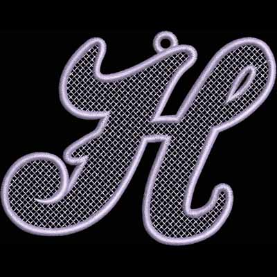 An embroidery design of a large, decorative letter "H" featuring intricate, lace-like detailing.
