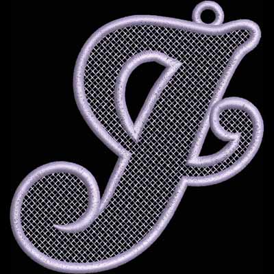 An embroidery design of a stylized letter "F" featuring a delicate, lacy texture in a soft lavender hue.