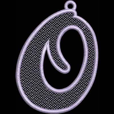 An embroidery design of a stylized, ornate letter "O" featuring a delicate mesh pattern.