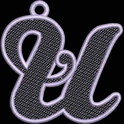 An embroidery design of a stylized lowercase letter "e" intertwined with the letter "l," featuring a delicate and mesh-like texture in a light purple color.
