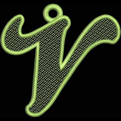 An embroidery design of a stylized letter "V" with a mesh effect in a bright green color.