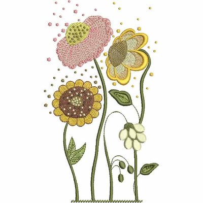 An embroidery design of three colorful flowers with varying petal shapes and intricate details, accompanied by delicate leaves and small decorative elements.