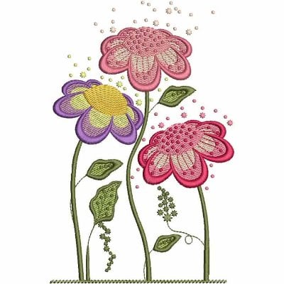 An embroidery design of three vibrant flowers in pink, purple, and yellow, each adorned with detailed petals and green leaves.
