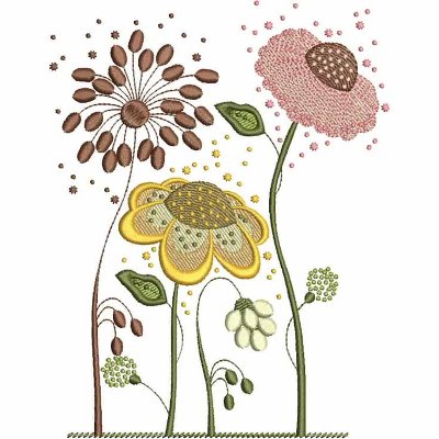 An embroidery design of colorful flowers with detailed petals and ornamental foliage.
