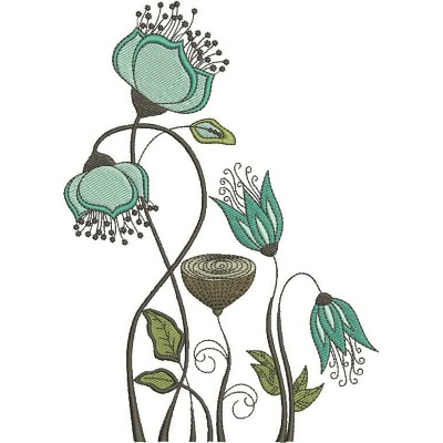 An embroidery design of elegant floral motifs featuring intertwining stems, buds, and blossoms in shades of teal and green.
