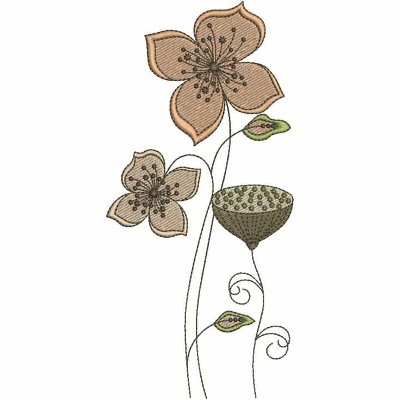 An embroidery design of stylized flowers with delicate petals and a seed pod, accented by swirling stems and leaves.