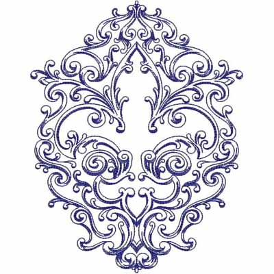 An embroidery design of intricate swirling patterns forming an ornate symmetrical shape in a deep blue color.
