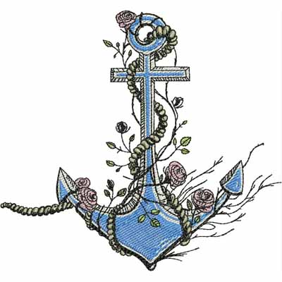 An embroidery design of a blue anchor entwined with floral elements and vines.