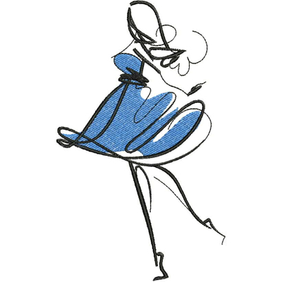 An embroidery design of a stylish figure in a flowing blue dress, captured in a dynamic pose.