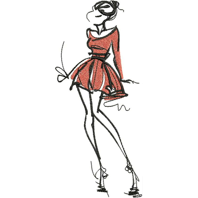 An embroidery design of a stylish female figure wearing a fitted red dress with a flared skirt and accentuated waist.