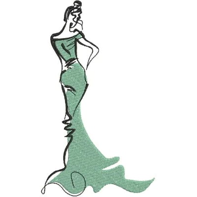 An embroidery design of an elegant figure in a flowing green gown, depicted with stylish linework and a hint of movement.