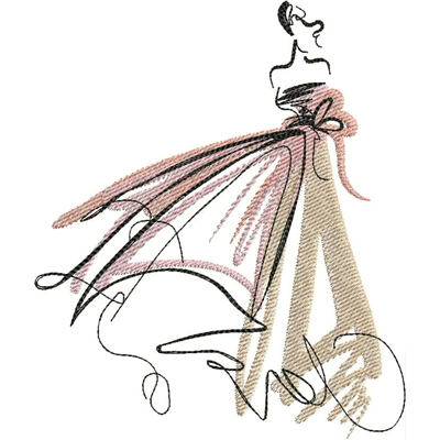 An embroidery design of a stylish and elegant dress with flowing lines and a soft color palette.