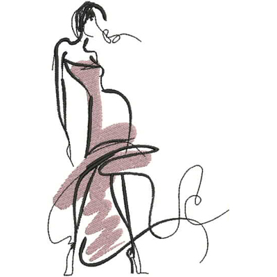 An embroidery design of a elegantly styled female figure in a flowing dress, depicted with graceful lines and subtle color.